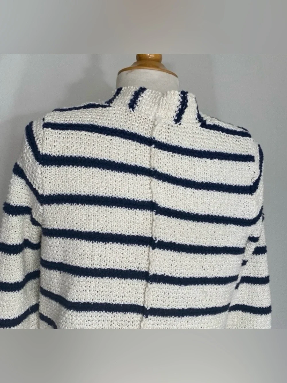 Free People Womens Cream Navy Stripe Cotton Coastal Thick Knit Cardigan Size L